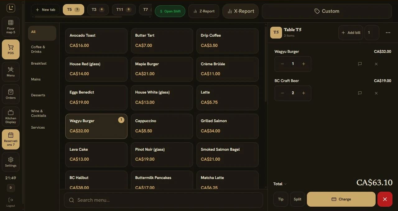 Actual Luxo Station demo screen showing the POS side rail, open table tabs, menu items and a current order with charge, print and split controls.